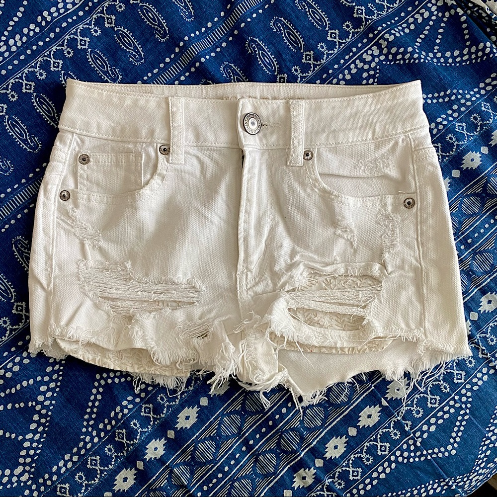 American Eagle - Stretch Hi-Rise Shortie Distressed Denim Shorts